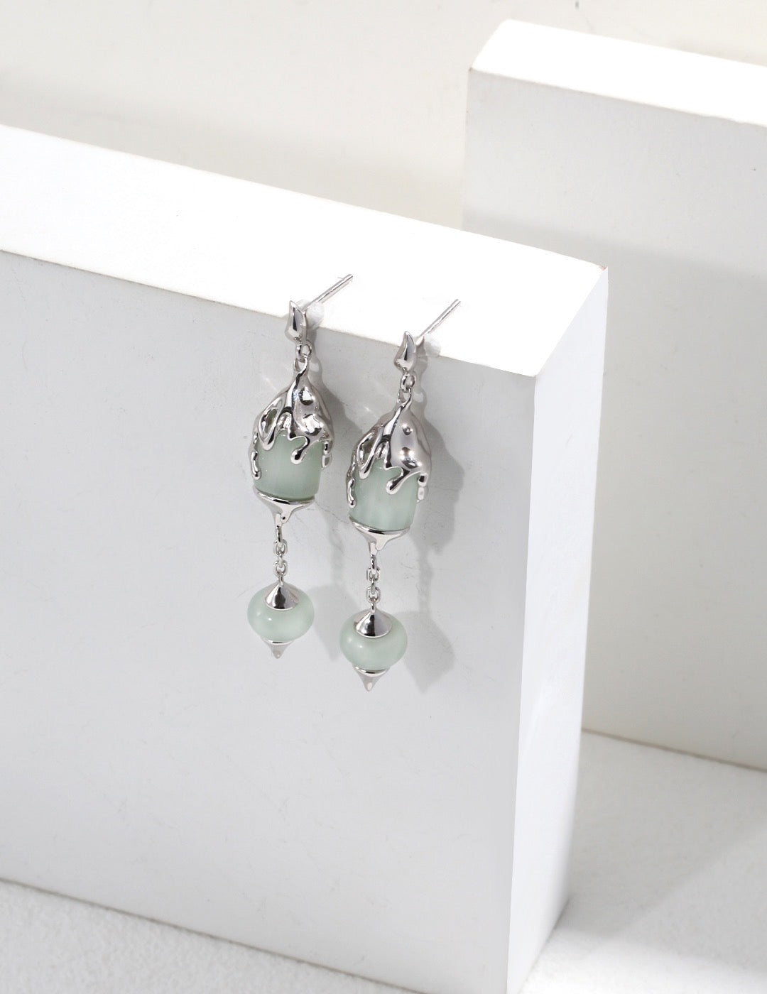 Natural Green Jade  Earring, Long Dainty Beaded Jade Drop Earring