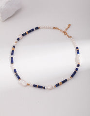 Lapis Lazuli Beaded Necklace, Lapis Lazuli, Lapis and Pearl Choker, Sterling Silver Gold Filled