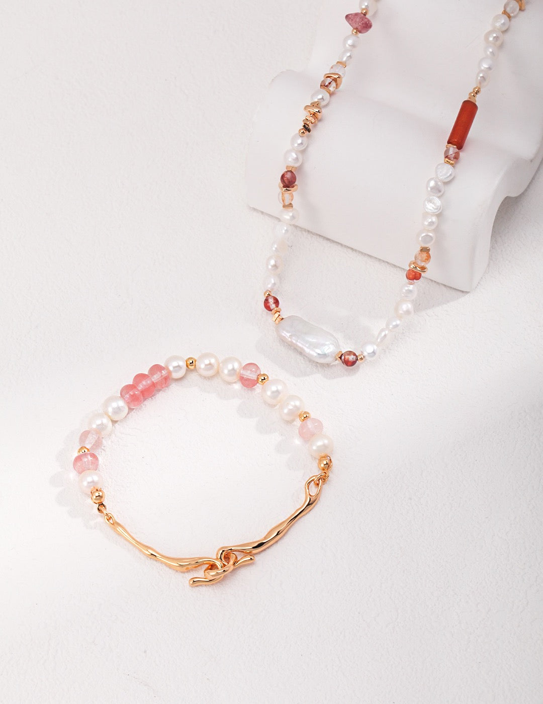 Pearl Necklace , Strawberry Crystal Necklace