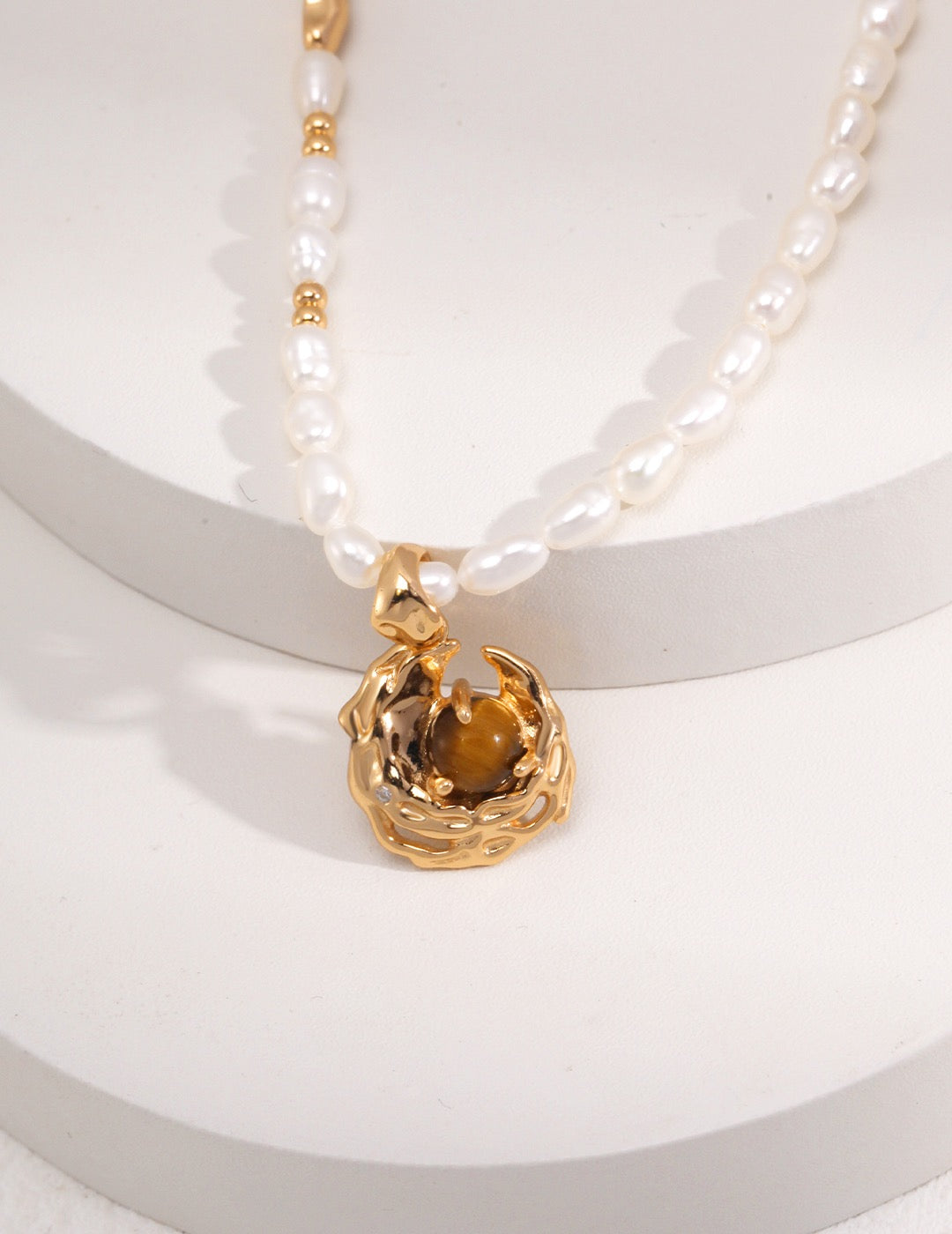 Pearl Necklace/ Tiger Eye Pendant Necklace 